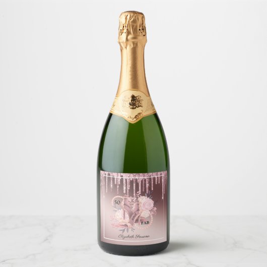 Roos Gold Glitter-schijven 50e verjaardag verrassi Sparkling Wijnetiket (Voorkant)