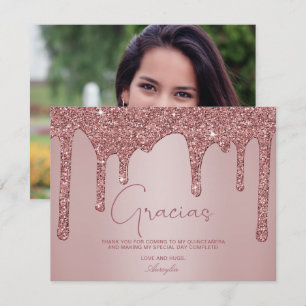Roos Gold Glitter-schijven Quinceanera Gracias Bedankkaart