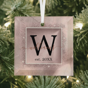 Roos Gold Glitter Script Monogram Glas Ornament