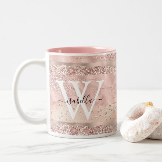 Roos Gold Glitter Script Monogram Tweekleurige Koffiemok (Met donut)