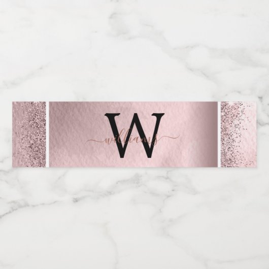Roos Gold Glitter Script Monogram Waterfles Etiket (Enkel label)