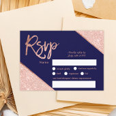 Roos gold glitter script navy blue rsvp bruiloft