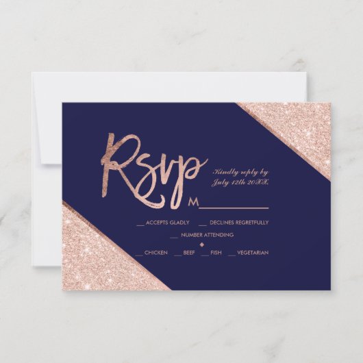 Roos gold glitter script navy blue rsvp bruiloft 2 (Voorkant)