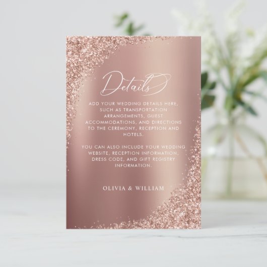 Roos Gold Glitter Script Weddenschap - Gegevens Informatiekaartje (Staand voorkant)