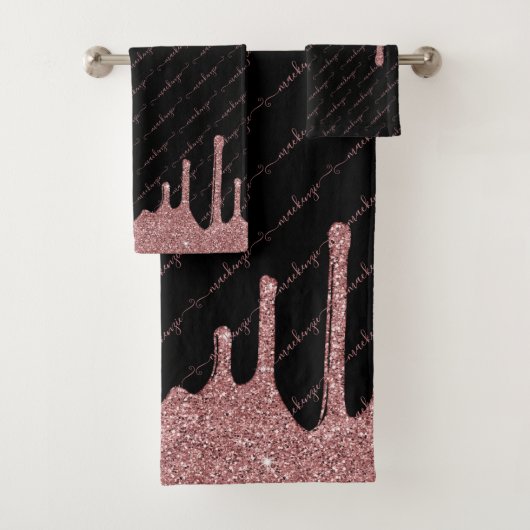Roos Gold Glitter Sparkle Drips Script Naam Zwart Bad Handdoek (Insitu)