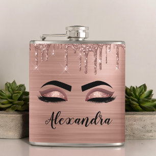 Roos Gold Glitter Sparkle Eyelashes Monogram Naam Heupfles