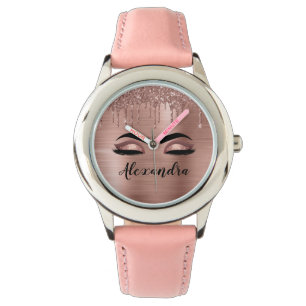 Roos Gold Glitter Sparkle Eyelashes Monogram Naam Horloge
