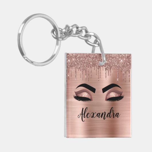 Roos Gold Glitter Sparkle Eyelashes Monogram Naam Sleutelhanger (Voorkant Links)