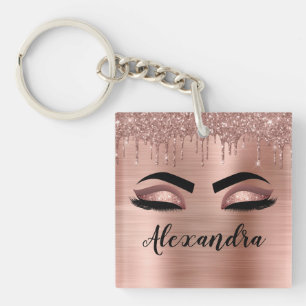 Roos Gold Glitter Sparkle Eyelashes Monogram Naam Sleutelhanger