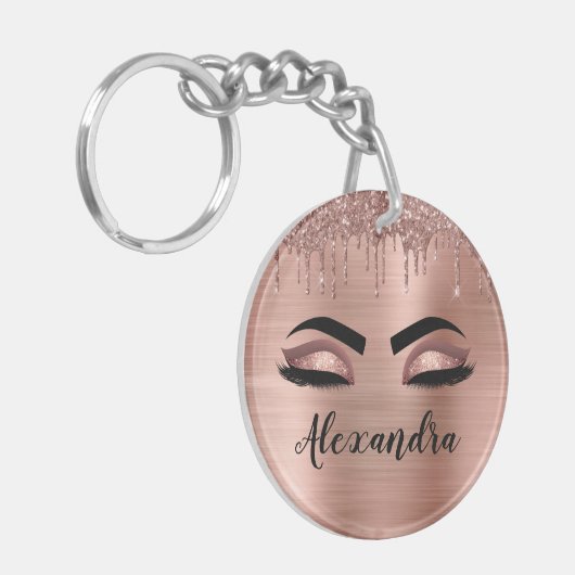 Roos Gold Glitter Sparkle Eyelashes Monogram Naam Sleutelhanger (Voorkant Links)