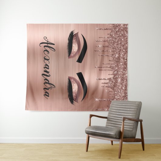 Roos Gold Glitter Sparkle Eyelashes Monogram Naam Wandkleed (In Situ (horizontaal))