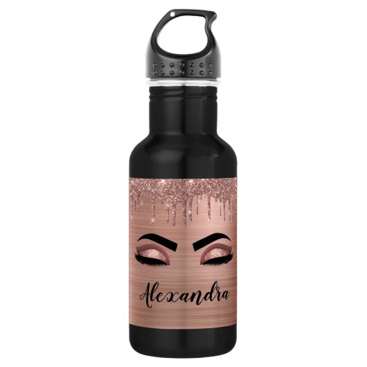 Roos Gold Glitter Sparkle Eyelashes Monogram Naam Waterfles (Voorkant)