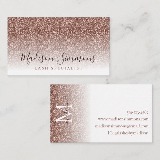 Roos Gold Glitter Sparkle Monogram Script Naam Visitekaartje (Voorkant / Achterkant)