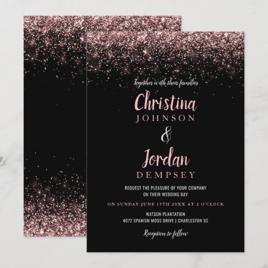 Roos Gold Glitter Sparkle Wedding Invitations Kaart (Voorkant / Achterkant)