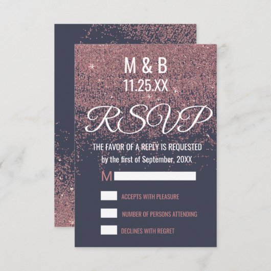 Roos Gold Glitter Sparkles Navy Blue RSVP (Voorkant / Achterkant)