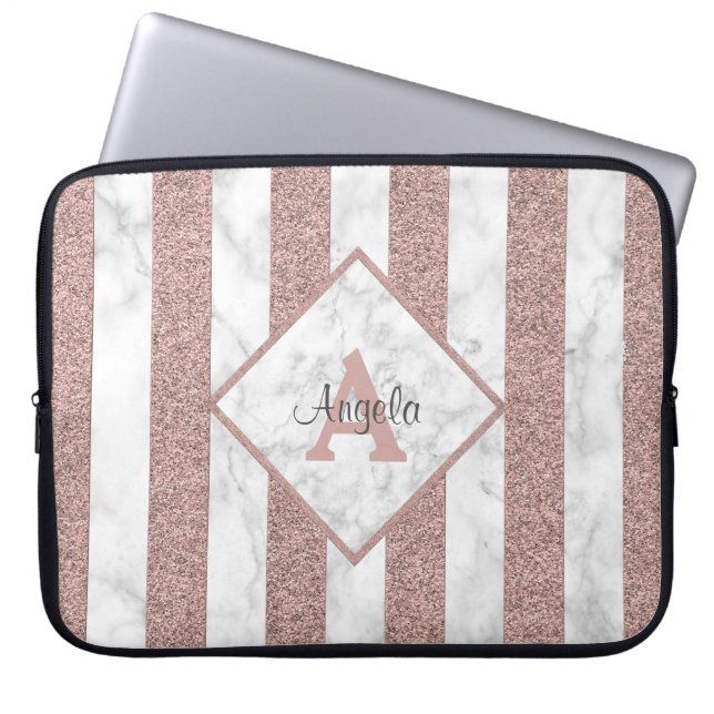 Roos Gold Glitter Stripes Marble Monogram Script Laptop Sleeve (Voorkant)