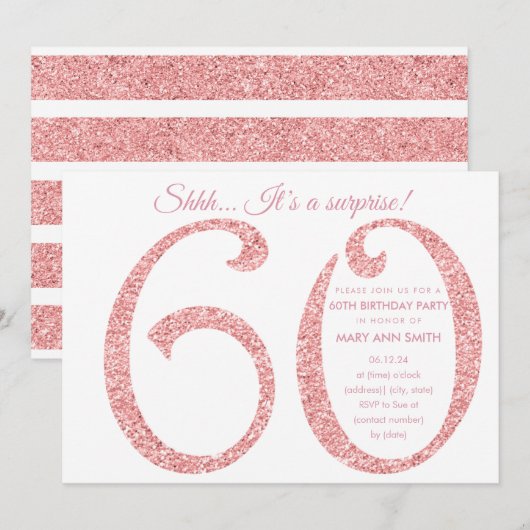 Roos Gold Glitter Surprise 60th Birthday Kaart (Voorkant / Achterkant)