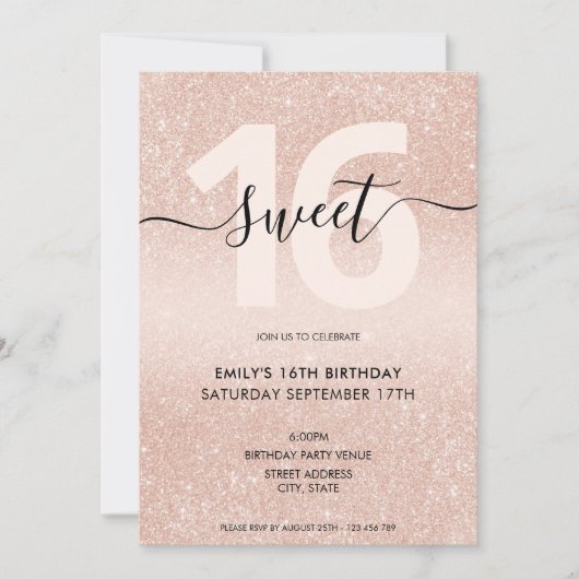 Roos Gold Glitter Sweet 16 Kaart (Voorkant)