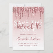 Roos Gold Glitter Sweet 16 Save the Date Kaart (Voorkant)