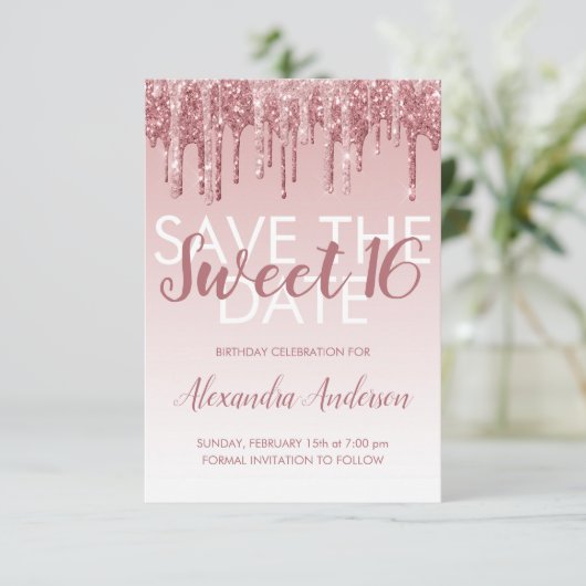 Roos Gold Glitter Sweet 16 Save the Date Kaart (Staand voorkant)