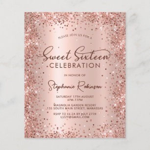 Roos Gold Glitter Sweet 16 verjaardagsuitnodiging