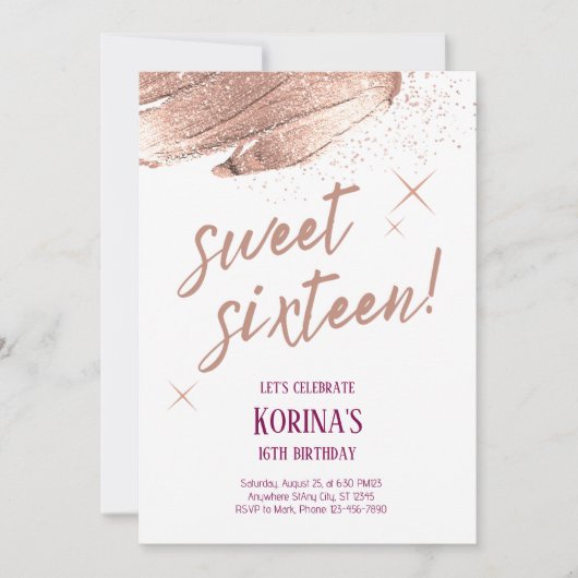 Roos Gold Glitter Sweet Sixteen Kaart (Voorkant)