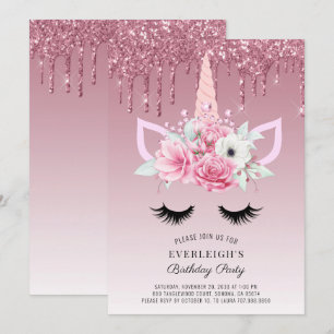 Roos Gold Glitter Unicorn Birthday Party Kaart