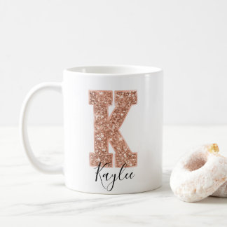 Roos Gold Glitter Varsity Letter Monogram K Koffiemok