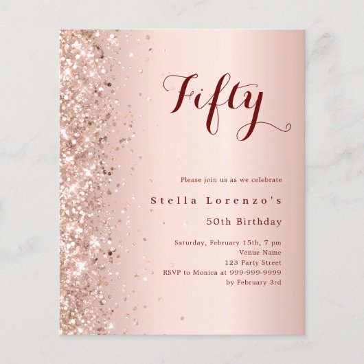 Roos Gold Glitter Verjaardagsuitnodiging (Voorkant)