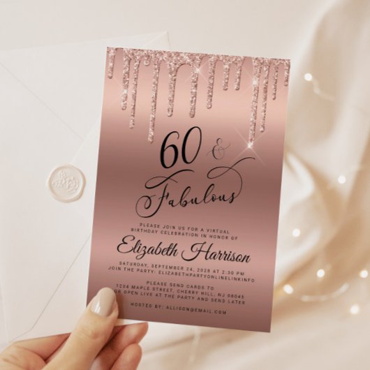 Roos Gold Glitter Virtual 60th Birthday Party Kaart