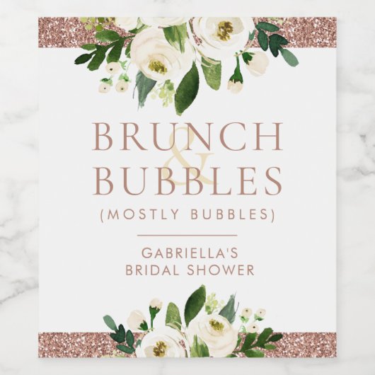Roos Gold Glitter Vrijgezellenfeest Brunch & Bubbl Wijn Etiket (Enkel label)