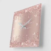 Roos Gold Glitter Wall Clock Custom Text Name Vierkante Klok (Hoek)