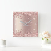 Roos Gold Glitter Wall Clock Custom Text Name Vierkante Klok (Huis)