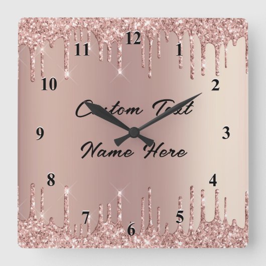 Roos Gold Glitter wandklok met aangepaste tekst Vierkante Klok (Voorkant)