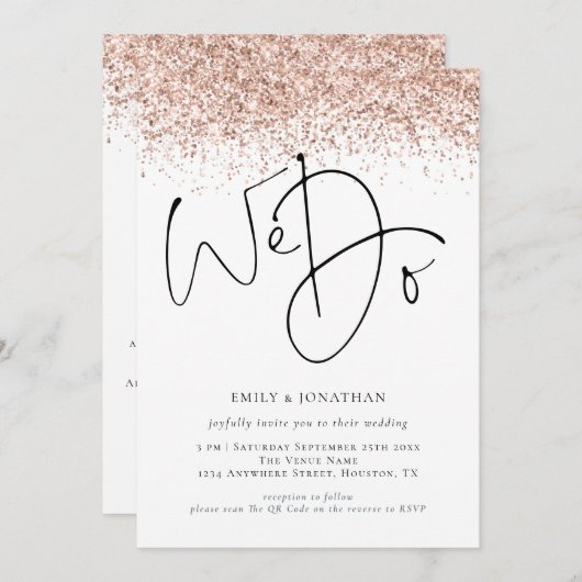 Roos Gold Glitter We doen QR Weddenschap Kaart (Voorkant / Achterkant)