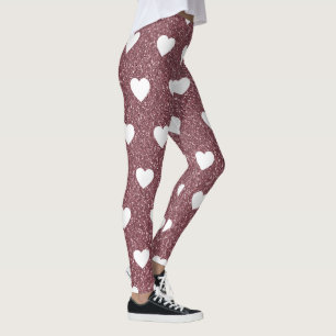 Roos Gold Glitter White Heart Pattern Valentijn Leggings
