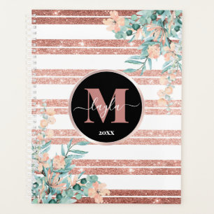 Roos Gold Glitter + White Stripe Floral Monogram Planner