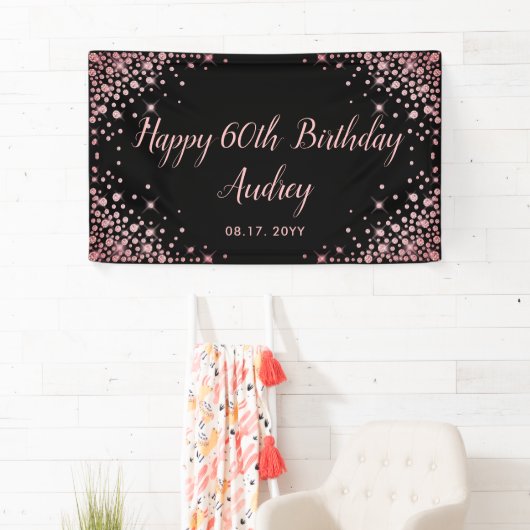 Roos Gold Glitter Zwart 60e Verjaardag Monogram Spandoek (Insitu)