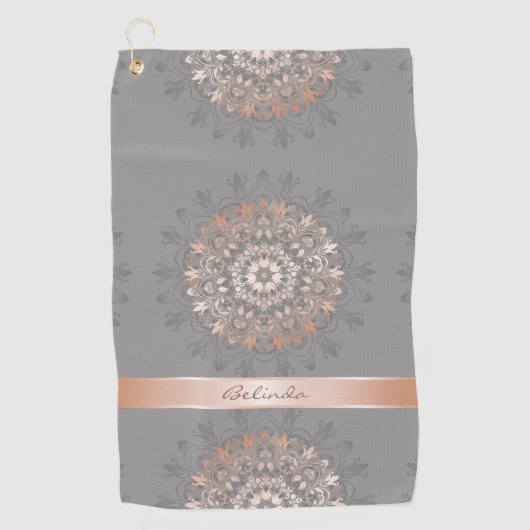 Roos Gold Grey Floral Mandala Monogram Golfhanddoek (Voorkant)