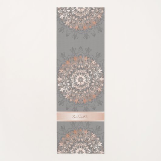 Roos Gold Grey Floral Mandala Monogram Yogamat (Voorkant)