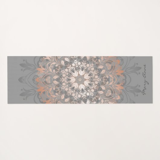 Roos Gold Grey Floral Mandala Monogram Yogamat (Achterkant (horizontaal))
