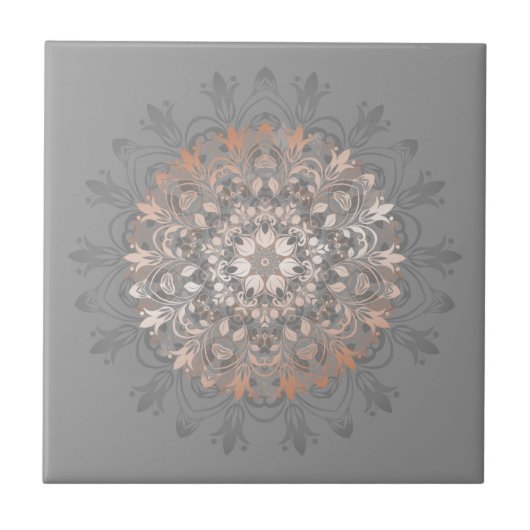 Roos Gold Grey Floral Mandala Tegeltje (Voorkant)