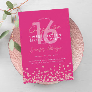 Roos Gold Hot Pink Glitter Surprise Sweet 16 Kaart
