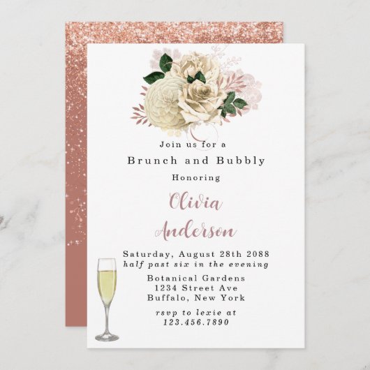 Roos Gold Ivory Roos Glitter Brunch en Bubble Inv Kaart (Voorkant / Achterkant)
