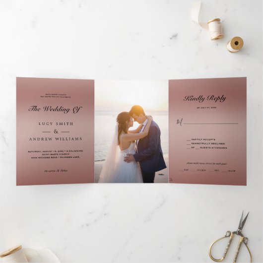 Roos Gold Jewel Gem Bow QR Code Huwelijk Drieluik Uitnodiging (Binnen)