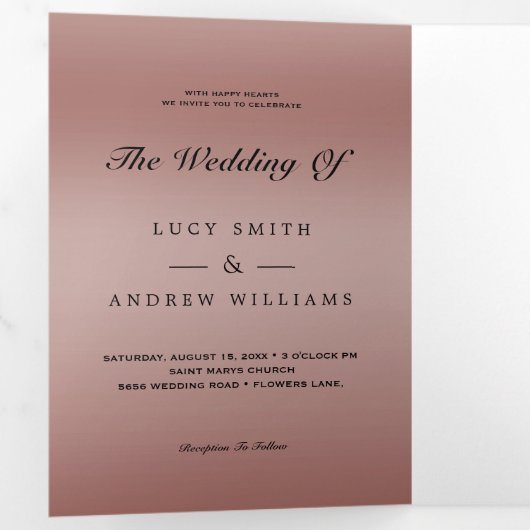 Roos Gold Jewel Gem Bow QR Code Huwelijk Drieluik Uitnodiging (Binnenzijde eerst)