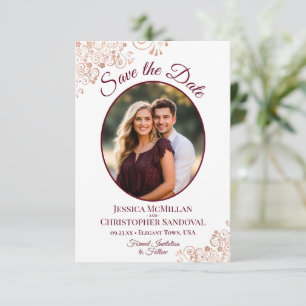 Roos Gold Lace & Burgundy Oval Photo Weddenschap Save The Date