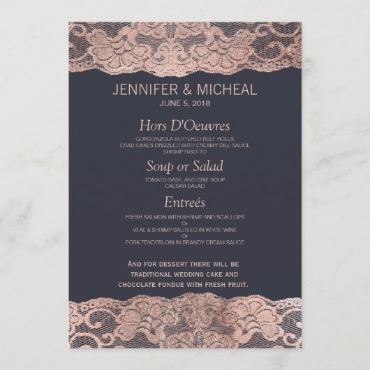 Roos Gold Lace en Navy Blue Wedding Menu (Voorkant)