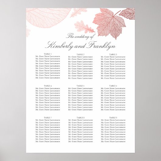 Roos Gold Leaves Fall Wedding Seding Chart Poster (Voorkant)