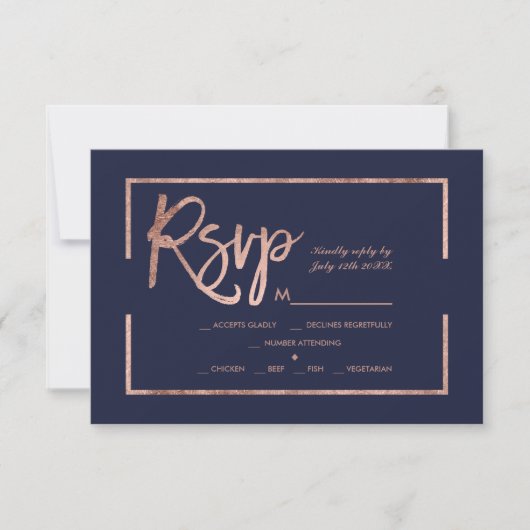 Roos gold lijst script navy blue rsvp bruiloft (Voorkant)